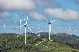 Wind turbines farm on a mountain